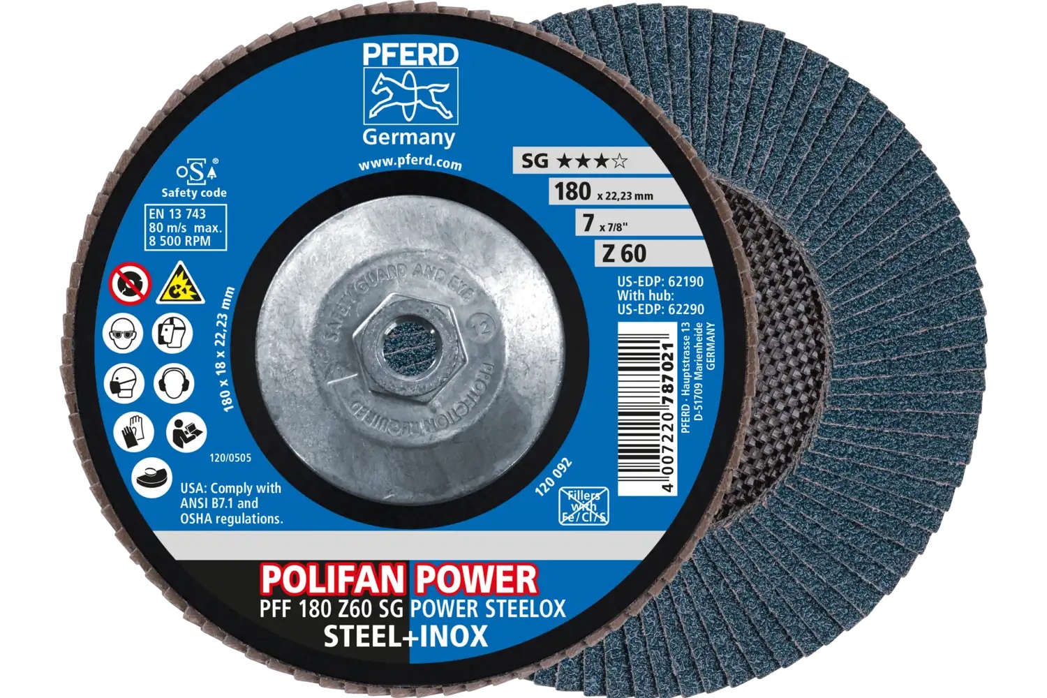 Picture of Pferd Flap Disc, 7" x 5/8-11, Z SG Power Steelox, 60 Grit, T27, Flat, Zirconia